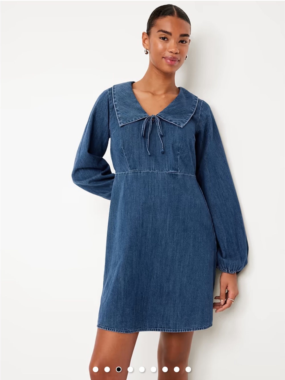 Long-Sleeve Fit & Flare Collared Jean Mini Dress - Picture 2 of 8